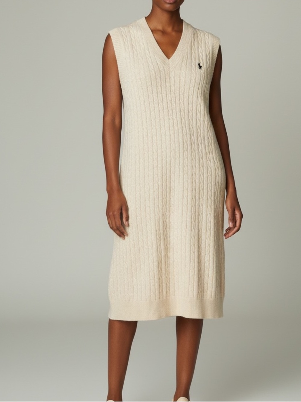 Ralph Lauren Cream Cable-Knit V-Neck Wool Blend Sweater Vest Dress